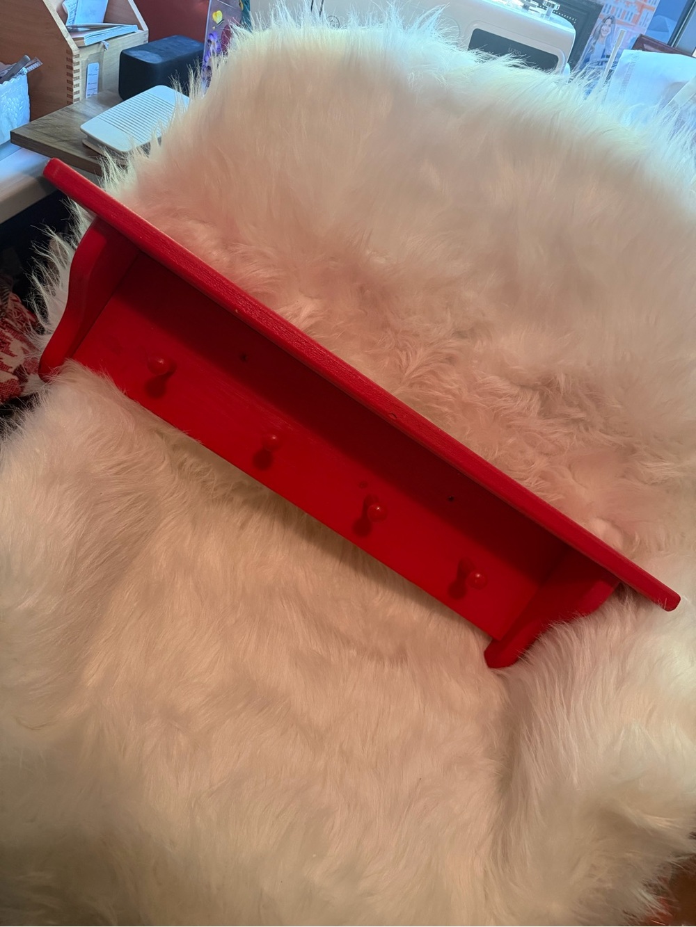Red Wall Shelf with Four Hooks - Home Wall Decor